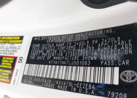 2020 Toyota Camry L из США, поврежденный, VIN 4T1A11AK7LU501063